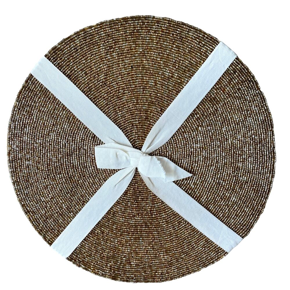 RACHEL ZOE Metallic GOLD Glass Beaded Charger Placemats 14" Round Set of 2 NEW